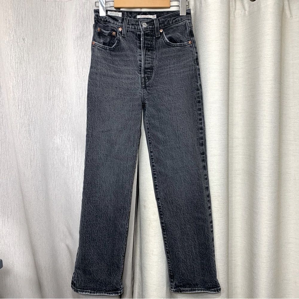 Levis Premium Ribcage Straight Black Worn Jeans Sz 24 Hi Rise Ankle Button Fly - Picture 14 of 14